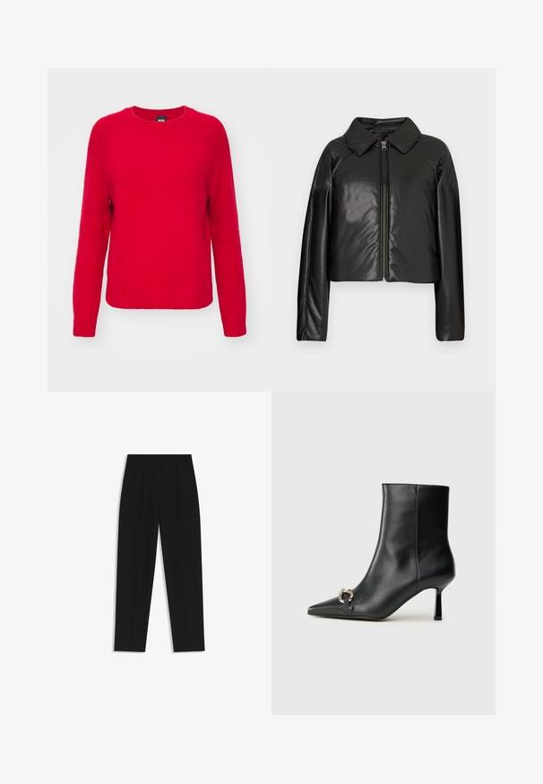 Black faux leather cropped jacket with a collared neckline and zip closure. Features long sleeves and smooth, glossy texture.; BOSS FEBISAN - Jumper - bright red; Black trousers with a straight fit, featuring double pleats, a smooth texture, and a classic waistband design. No visible hardware or accents.; Black leather ankle boot with pointed toe, slim mid-height heel, and silver buckle detail on side against plain background.