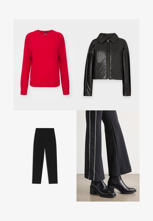 Giacca cropped nera in ecopelle con colletto e chiusura a zip. Caratterizzata da maniche lunghe e una texture liscia e lucida.; BOSS FEBISAN - Maglione - bright red; Pantaloni neri a taglio dritto, con doppie pieghe, una texture liscia e un design classico in vita. Nessun hardware o dettaglio visibile.; Stivaletti in pelle nera con tacco a blocco, dotati di pannelli elastici sui lati. Abbinati a pantaloni neri con una striscia bianca laterale.