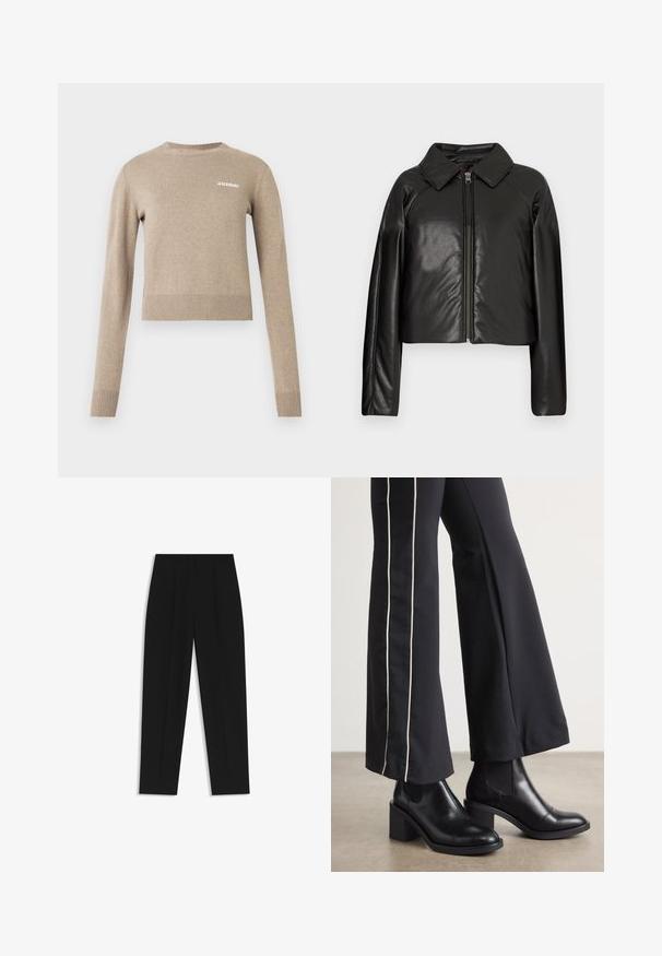 Black faux leather cropped jacket with a collared neckline and zip closure. Features long sleeves and smooth, glossy texture.; Beige knitted sweater with long sleeves, round neckline, ribbed cuffs and hem, featuring small white text logo on the front.; Black trousers with a straight fit, featuring double pleats, a smooth texture, and a classic waistband design. No visible hardware or accents.; Black leather ankle boots with a block heel, featuring elastic side panels. Paired with black pants that have a white side stripe.