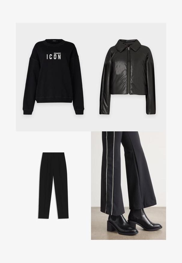 Mustat tekonahkaiset lyhyet takit, joissa on kauluksessa oleva kaulus ja vetoketjukiinnitys. Ominaisuuksiin kuuluu pitkät hihat ja sileä, kiiltävä pinta.; Mustapaita, jossa on pyöreä pääntie, näyttävä valkoinen "ICON" graafinen painatus ja "DSQUARED2" logo. Pehmeä kangas, rento istuvuus, ribattuja hihansuita.; Mustat housut suoran istuvuuden kanssa, joissa on kaksinkertaiset laskokset, sileä pinta ja klassinen vyötärönauhan muotoilu. Ei näkyviä metalliosia tai koristeita.; Mustat nahkasaappaat nilkkapituisilla, lohkareella, joissa on joustavat sivupaneelit. Yhdistetty mustiin housuihin, joissa on valkoinen sivuraita.