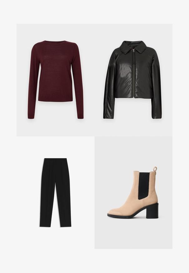 Chaqueta corta de imitación piel negra con cuello con solapa y cierre de cremallera. Presenta mangas largas y una textura suave y brillante.; Suéter burdeos de manga larga hecho de material suave, presenta un cuello redondo y puños acanalados, con una textura ligera y suave.; Pantalones negros de corte recto, con doble pinza, textura suave y un diseño de cinturilla clásica. Sin hardware o acentos visibles.; Botín de ante beige hasta el tobillo con un tacón ancho, que presenta un elástico negro a los lados y una pestaña en la parte posterior. Textura suave y diseño de punta redondeada.