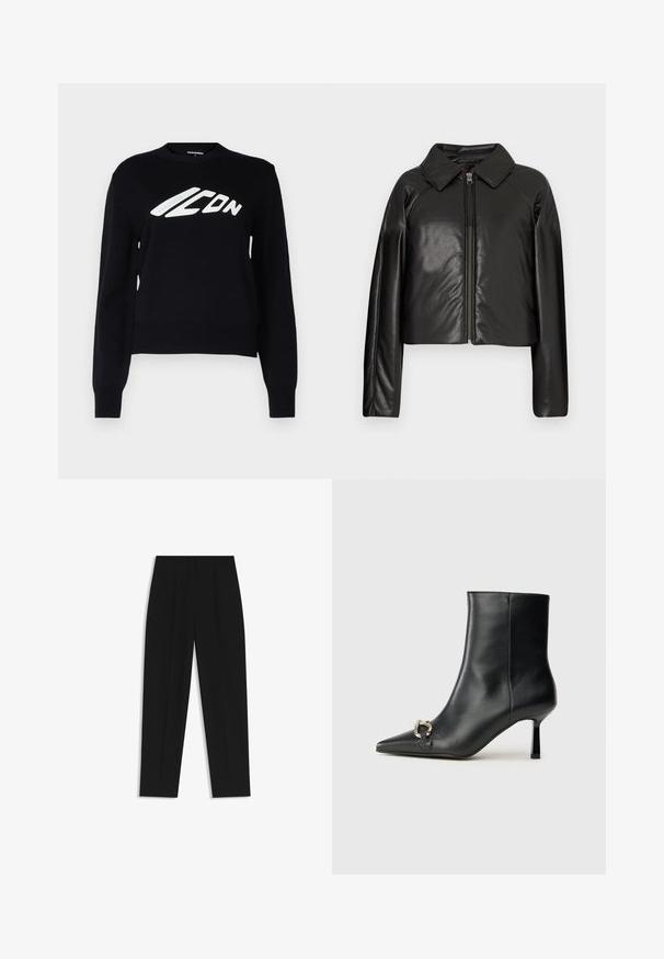 Giacca cropped nera in ecopelle con colletto e chiusura a zip. Caratterizzata da maniche lunghe e una texture liscia e lucida.; Maglione nero lavorato a maglia con scollo rotondo, polsini e orlo a costina, e un grande logo grafico bianco sul davanti.; Pantaloni neri a taglio dritto, con doppie pieghe, una texture liscia e un design classico in vita. Nessun hardware o dettaglio visibile.; Stivale alla caviglia in pelle nera con punta affusolata, tacco sottile di media altezza e dettaglio in fibbia argentata sul lato, su sfondo semplice.