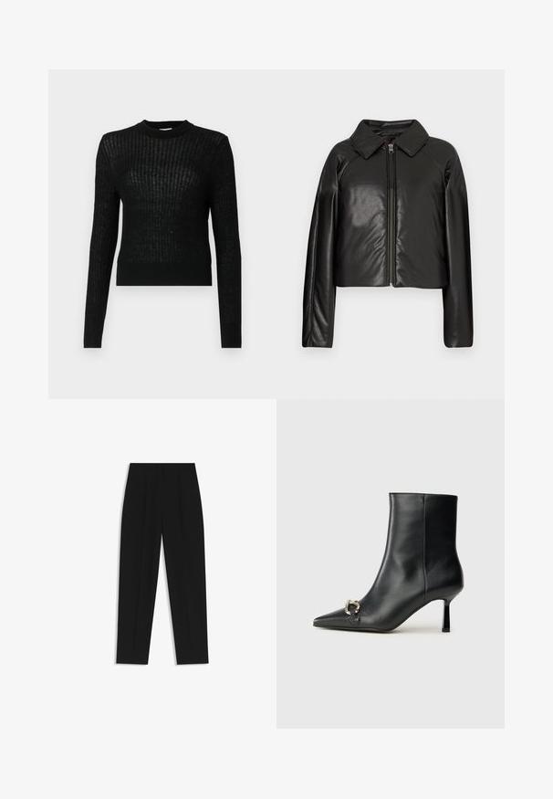 Mustat tekonahkaiset lyhyet takit, joissa on kauluksessa oleva kaulus ja vetoketjukiinnitys. Ominaisuuksiin kuuluu pitkät hihat ja sileä, kiiltävä pinta.; Mustassa pitkähihaisessa villapaidassa on ribatut pinnat, slim fit -malli ja pyöreä kaulus. Valmistettu kevyestä kankaasta ja siinä on lyhyt pituus.; Mustat housut suoran istuvuuden kanssa, joissa on kaksinkertaiset laskokset, sileä pinta ja klassinen vyötärönauhan muotoilu. Ei näkyviä metalliosia tai koristeita.; Musta nahkasaapas nilkkapituisilla, terävillä kärjillä, hoikalla keskipituisella korolla ja hopeavöillä sivussa yksinkertaista taustaa vasten.