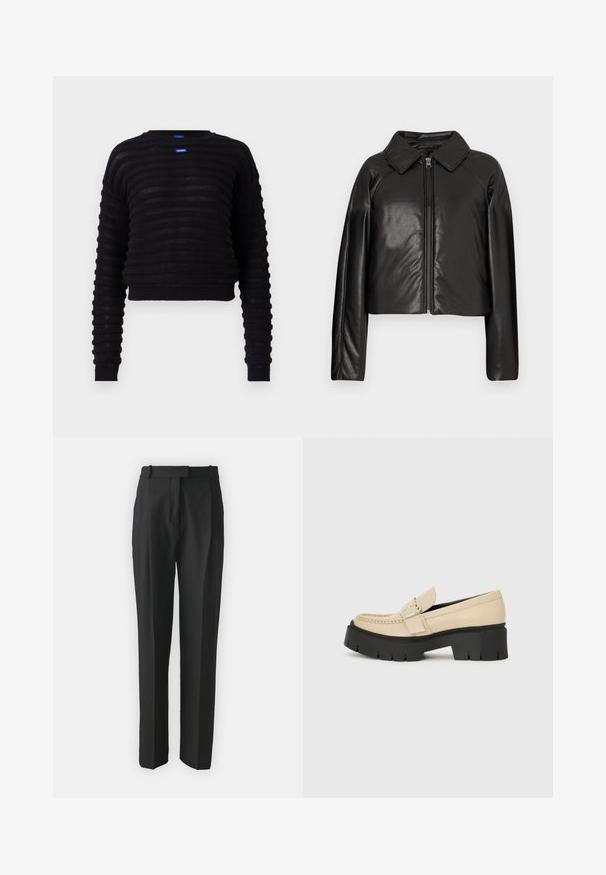 Black faux leather cropped jacket with a collared neckline and zip closure. Features long sleeves and smooth, glossy texture.; Black cropped sweater with ribbed texture, long sleeves, and a round neckline. Features a blue logo tag on the front. Made from lightweight material.; Black tailored trousers made from lightweight fabric, featuring a straight cut, flat front, and belt loops. Smooth texture with no visible patterns.; Beige leather loafers with black chunky sole, featuring a decorative buckle and stitching detail on the front. Side view.