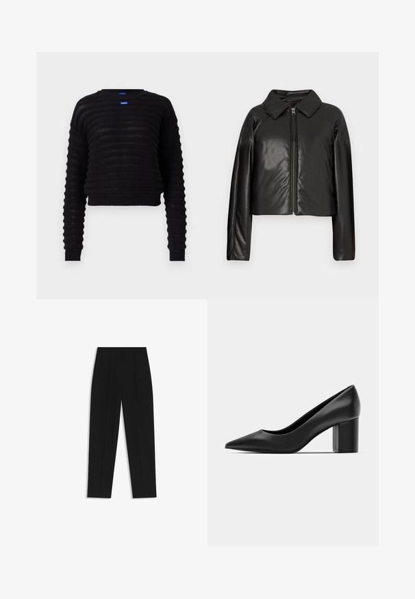 Schwarze Kunstleder-Cropped-Jacke mit Kragen und Reißverschluss. Mit langen Ärmeln und glatter, glänzender Textur.; Schwarzer, kurzer Pullover mit geripptem Textur, langen Ärmeln und rundem Halsausschnitt. Mit einem blauen Logotag auf der Vorderseite. Hergestellt aus leichtem Material.; Schwarze Hose mit geradem Schnitt, doppelten Falten, einer glatten Textur und einem klassischen Bunddesign. Keine sichtbaren Beschläge oder Akzente.; Schwarze Lederpumps mit spitzem Zehenbereich und einem klobigen quadratischen Absatz. Glatte Textur, einfaches Design, geeignet für formelle Anlässe.