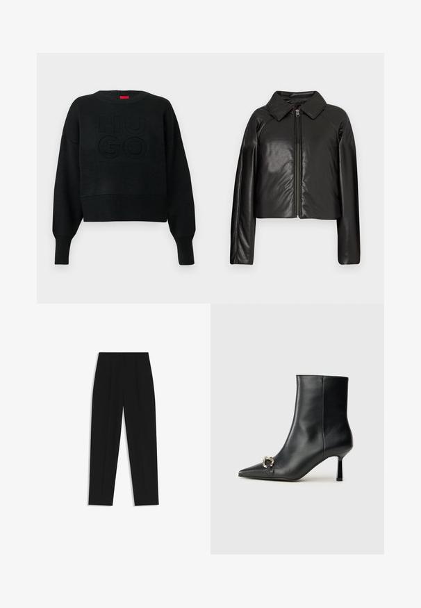 Black faux leather cropped jacket with a collared neckline and zip closure. Features long sleeves and smooth, glossy texture.; Black cropped sweater with a ribbed texture and a round neckline, featuring an embossed "HUGO" logo on the front and ribbed cuffs.; Black trousers with a straight fit, featuring double pleats, a smooth texture, and a classic waistband design. No visible hardware or accents.; Black leather ankle boot with pointed toe, slim mid-height heel, and silver buckle detail on side against plain background.