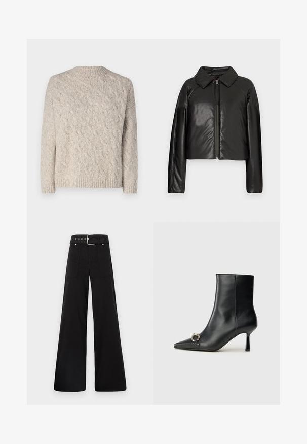 Jachetă cropped din faux leather negru, cu guler și închidere cu fermoar. Prezintă mâneci lungi și o textură netedă, lucioasă.; Pulover tricotat de un bej deschis, cu un model texturat de tip cablu, mâneci lungi și decolteu rotund, cu tiv și mansete zimțate.; Pantaloni negri cu croială largă, confecționați din bumbac, cu talie înaltă, buzunare laterale mari și talie prevăzută cu brâu cu accente din metal argintiu.; Botine negre din piele, cu vârf ascuțit, toc subțire de înălțime medie și detaliu cu cataramă argintie pe lateral, pe un fundal simplu.