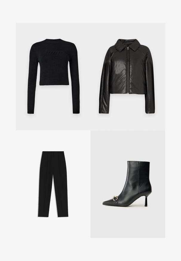 Black faux leather cropped jacket with a collared neckline and zip closure. Features long sleeves and smooth, glossy texture.; Black long-sleeve cropped sweater with ribbed cuffs and hem, featuring a subtle raised logo across the chest.; Black trousers with a straight fit, featuring double pleats, a smooth texture, and a classic waistband design. No visible hardware or accents.; Black leather ankle boot with pointed toe, slim mid-height heel, and silver buckle detail on side against plain background.