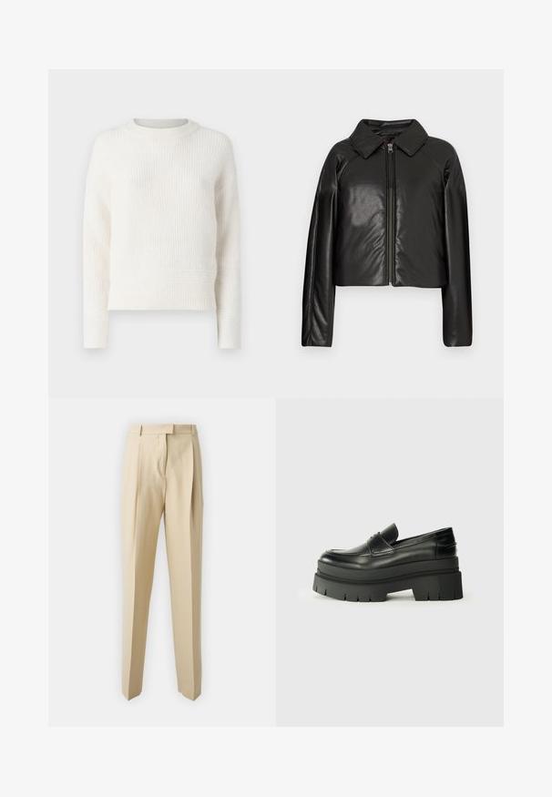 Fekete műbőr cropped dzseki galléros nyakkal és cipzárral. Hosszú ujjú, sima és fényes textúrával rendelkezik.; Krém színű, bordázott kötött pulóver kerek nyakkivágással, hosszú ujjakkal és rövidített fazonnal. Puha textúra finom vízszintes vonalakkal.; Beige szabott nadrág egyenes szabással, pliszékkel, derekújjjal és sima felülettel. Nincsenek látható zsebek vagy díszítések.; Fekete bőrcipők vastag platform talppal. Lekerekített orr, elülső varrás részletek és finom varrási díszítések. Lapos, texturált talp.