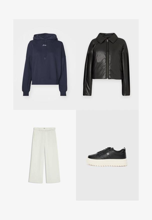 Svart imitationläder kortjacka med krage och dragkedjestängning. Har långa ärmar och en slät, glänsande yta.; Mörkblå hoodie i mjukt tyg, med dragsko i huvan och broderad logotyp på bröstet. Avslappnad passform med ribbad mudd.; Vita byxor i ljus krämig tyg, med sidofickor, platt fram och en enda knappstängning vid midjan. Slät struktur.; Svart lädersneaker med en kraftig vit sula, rund tå och platta snören; har "HUGO"-logotyp på sidan och texturerad sula för grepp.
