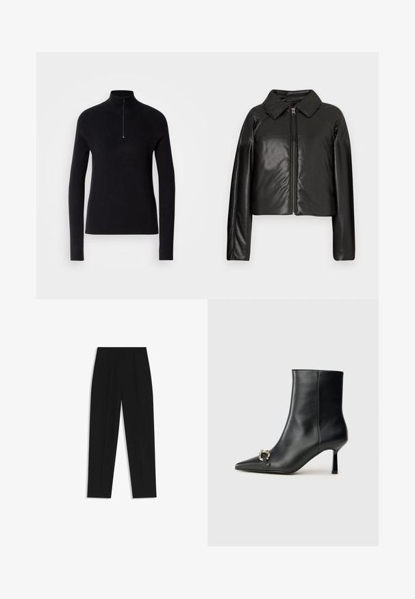 Mustat tekonahkaiset lyhyet takit, joissa on kauluksessa oleva kaulus ja vetoketjukiinnitys. Ominaisuuksiin kuuluu pitkät hihat ja sileä, kiiltävä pinta.; Mustapohjainen neulepusero, jossa on korkea kaulus ja puolivälin vetoketju, ribbikuviointi ja pitkät hihat. Yksinkertainen ja istuva muotoilu.; Mustat housut suoran istuvuuden kanssa, joissa on kaksinkertaiset laskokset, sileä pinta ja klassinen vyötärönauhan muotoilu. Ei näkyviä metalliosia tai koristeita.; Musta nahkasaapas nilkkapituisilla, terävillä kärjillä, hoikalla keskipituisella korolla ja hopeavöillä sivussa yksinkertaista taustaa vasten.