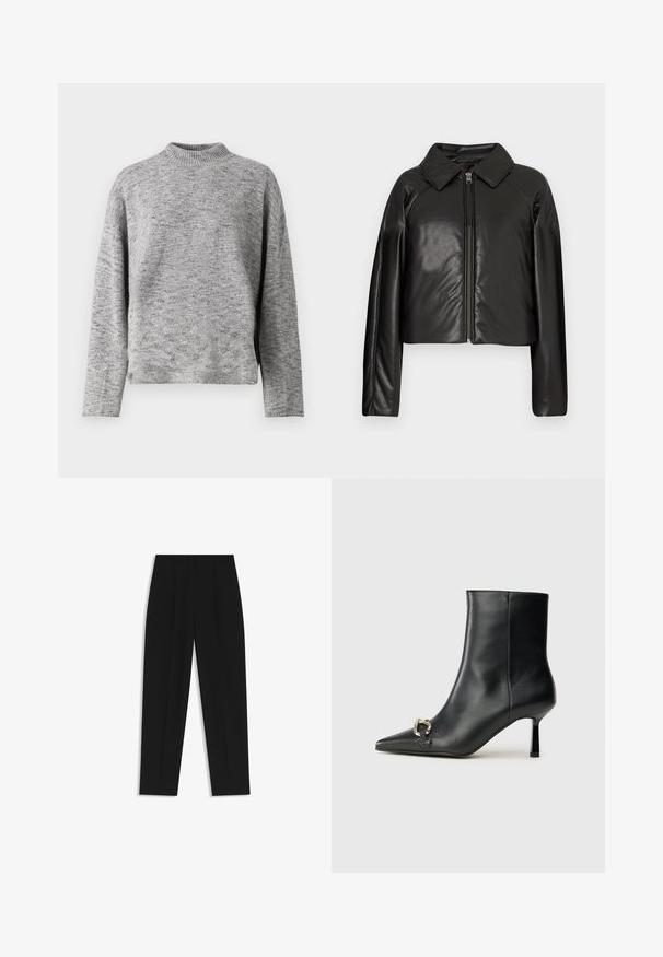Schwarze Kunstleder-Cropped-Jacke mit Kragen und Reißverschluss. Mit langen Ärmeln und glatter, glänzender Textur.; Helles graues Strickpullover mit hohem Kragen, langen Ärmeln und lockerer Passform. Strukturierter Stoff mit einem subtilen gesprenkelten Muster.; Schwarze Hose mit geradem Schnitt, doppelten Falten, einer glatten Textur und einem klassischen Bunddesign. Keine sichtbaren Beschläge oder Akzente.; Schwarze Leder-Stiefelette mit spitzer Zehe, schlankem, mittelhohem Absatz und silberner Schnalle seitlich vor einem schlichten Hintergrund.