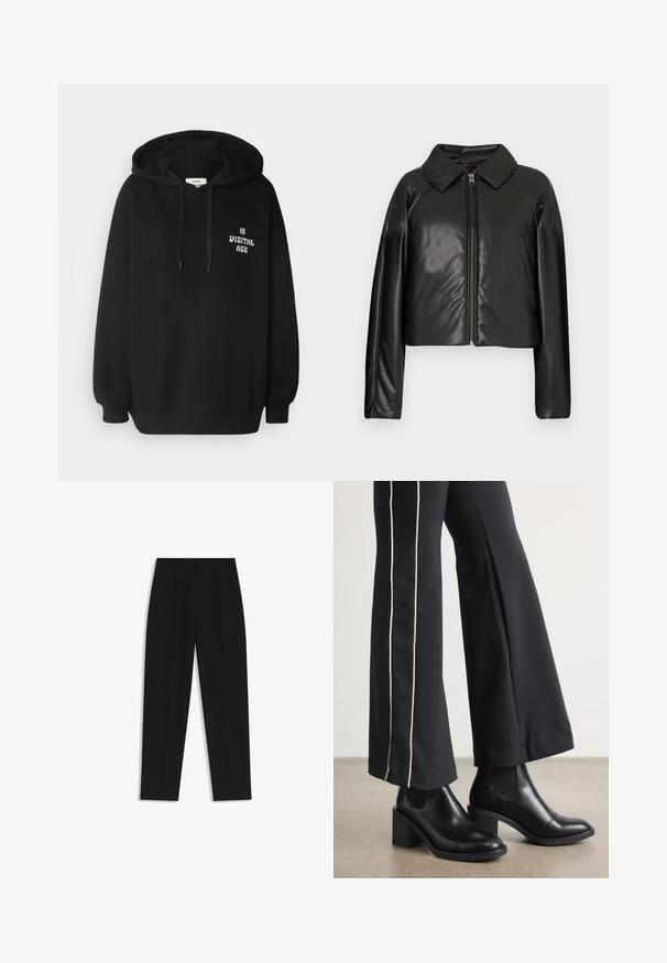 Giacca cropped nera in ecopelle con colletto e chiusura a zip. Caratterizzata da maniche lunghe e una texture liscia e lucida.; Felpa nera con cappuccio realizzata in tessuto misto cotone, con maniche lunghe, polsini a costine e testo stampato "IS DIGITAL AGE" in bianco.; Pantaloni neri a taglio dritto, con doppie pieghe, una texture liscia e un design classico in vita. Nessun hardware o dettaglio visibile.; Stivaletti in pelle nera con tacco a blocco, dotati di pannelli elastici sui lati. Abbinati a pantaloni neri con una striscia bianca laterale.