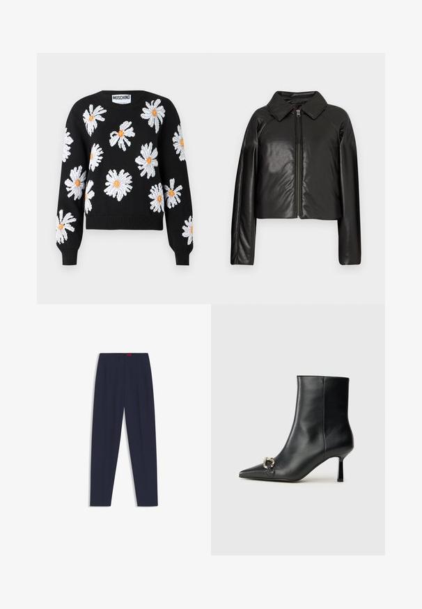Zwarte faux leren cropped jack met een kraag en ritssluiting. Heeft lange mouwen en een soepele, glanzende textuur.; Zwarte gebreide trui met witte madelief bloemenontwerpen en oranje centra. Geribde manchetten en zoom, ronde halslijn en een cropped silhouet.; Middengrijze op maat gemaakte broek met een gladde textuur, voorzien van voorplooien en zijzakken. Recht model en geen zichtbare versieringen.; Zwarte leren enkelboot met spitse neus, slanke middenhoge hak en zilveren gespdetail aan de zijkant op een effen achtergrond.
