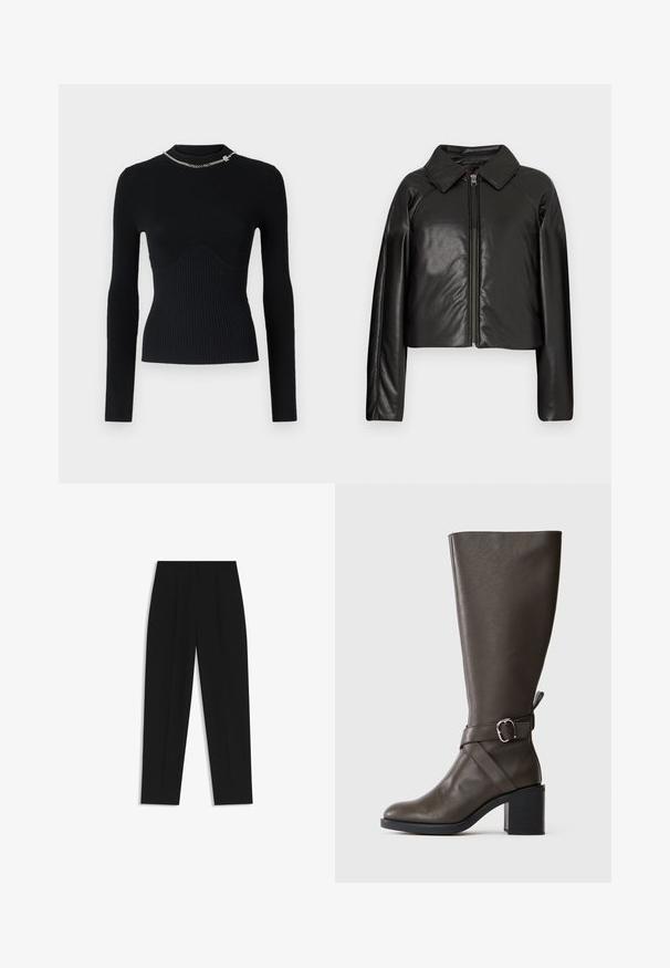 Zwarte faux leren cropped jack met een kraag en ritssluiting. Heeft lange mouwen en een soepele, glanzende textuur.; Zwarte geribde top met lange mouwen, een getailleerde pasvorm en een ronde halslijn. Voorzien van een kettingaccent bij de kraag. Zachte textuur.; Zwarte broeken met een rechte pasvorm, voorzien van dubbele plooien, een zachte textuur en een klassiek taillebandontwerp. Geen zichtbare hardware of accenten.; Donkerbruine leren laars tot de knie met een middelhoge blokhak en een decoratieve riem met zilveren gesp rond de enkel.
