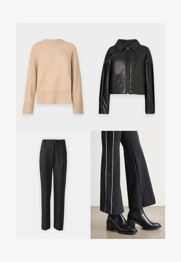 Jachetă cropped din faux leather negru, cu guler și închidere cu fermoar. Prezintă mâneci lungi și o textură netedă, lucioasă.; Pulover tricotat bej cu gât rotund, umeri lăsați și tiv cu dublu rând. Textura pare moale și ușor pufos.; Pantaloni negri croiți dintr-un material ușor, cu croi drept, față plată și bucle pentru curea. Textură netedă fără modele vizibile.; Bocanci de piele negri până la gleznă, cu toc pătrat, având panouri elastice pe laterale. Asortați cu pantaloni negri care au o dungi albă pe lateral.