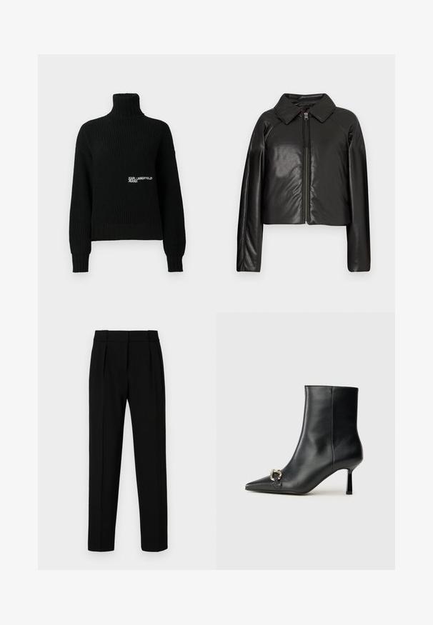 Fekete műbőr cropped dzseki galléros nyakkal és cipzárral. Hosszú ujjú, sima és fényes textúrával rendelkezik.; Fekete bordás kötött garbó pulóver hosszú ujjakkal, fehér "Karl Lagerfeld Jeans" logóval a mellrészen.; Fekete, egyenes szabású, plisszírozott elejű, fényes anyagból készült nadrág közepes derékkal. Nincsenek látható zsebek vagy fémrészletek.; Fekete bőr bokacsizma hegyes orral, vékony közép magasságú sarokkal és ezüst csattal az oldalon, sima háttér előtt.