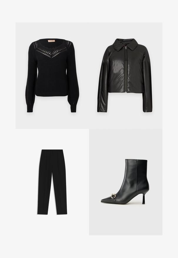 Zwarte faux leren cropped jack met een kraag en ritssluiting. Heeft lange mouwen en een soepele, glanzende textuur.; Zwarte trui met een geribbelde textuur, een getande halslijn en opengewerkt detail op de borst. Lange mouwen en een getailleerde taille.; Zwarte broeken met een rechte pasvorm, voorzien van dubbele plooien, een zachte textuur en een klassiek taillebandontwerp. Geen zichtbare hardware of accenten.; Zwarte leren enkelboot met spitse neus, slanke middenhoge hak en zilveren gespdetail aan de zijkant op een effen achtergrond.