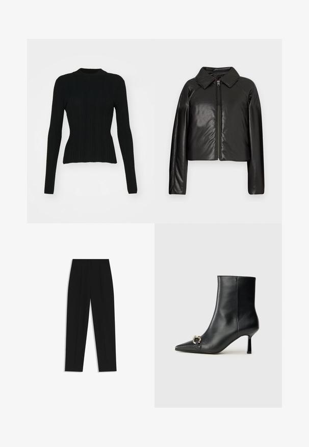 Black faux leather cropped jacket with a collared neckline and zip closure. Features long sleeves and smooth, glossy texture.; Black ribbed long-sleeve sweater with a high neckline and fitted silhouette. Material appears stretchy with vertical lines. Shorter cut at the hem.; Black trousers with a straight fit, featuring double pleats, a smooth texture, and a classic waistband design. No visible hardware or accents.; Black leather ankle boot with pointed toe, slim mid-height heel, and silver buckle detail on side against plain background.