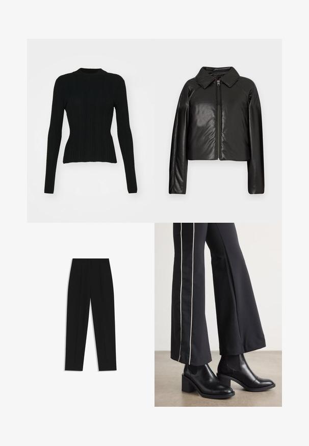 Black faux leather cropped jacket with a collared neckline and zip closure. Features long sleeves and smooth, glossy texture.; Black ribbed long-sleeve sweater with a high neckline and fitted silhouette. Material appears stretchy with vertical lines. Shorter cut at the hem.; Black trousers with a straight fit, featuring double pleats, a smooth texture, and a classic waistband design. No visible hardware or accents.; Black leather ankle boots with a block heel, featuring elastic side panels. Paired with black pants that have a white side stripe.