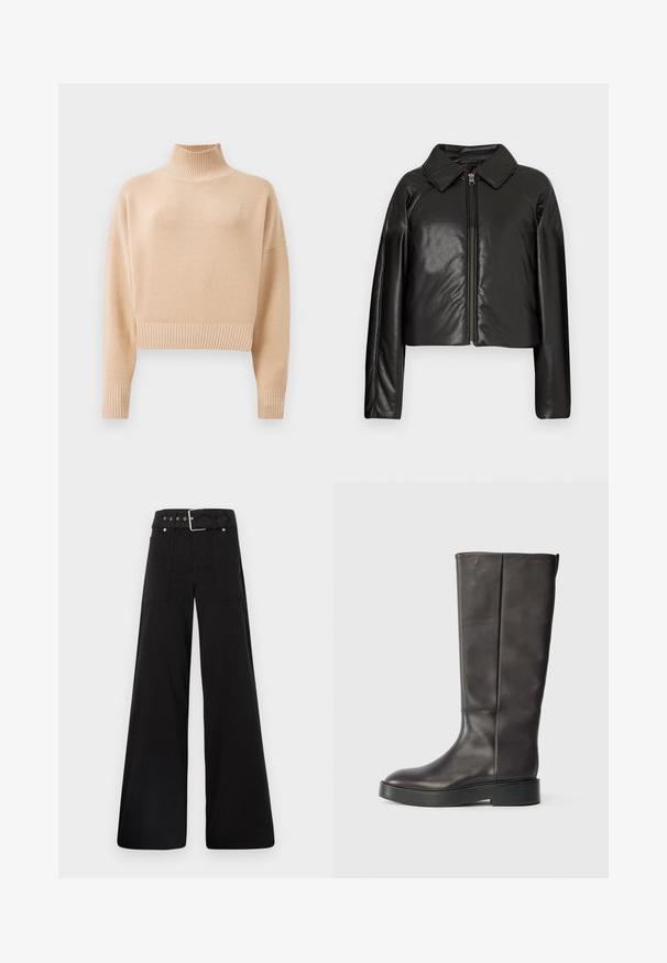 Čierna koženková skrátená bunda s golierom a zipsovým uzáverom. Má dlhé rukávy a hladký, lesklý povrch.; Béžový cropped sveter s rebrovaným rolákom a manžetami. Mäkka textúra, minimalistický dizajn so subtílnym logom na hrudníku.; Čierne nohavice so širokými nohavicami vyrobené z bavlny, s vysokým pásom, veľkými bočnými vreckami a opaskom s prackou so striebornými detailmi.; Čierne kožené čižmy po kolená s hrubou podrážkou a jemným logom Calvin Klein blízko horného okraja, zobrazené z boku.