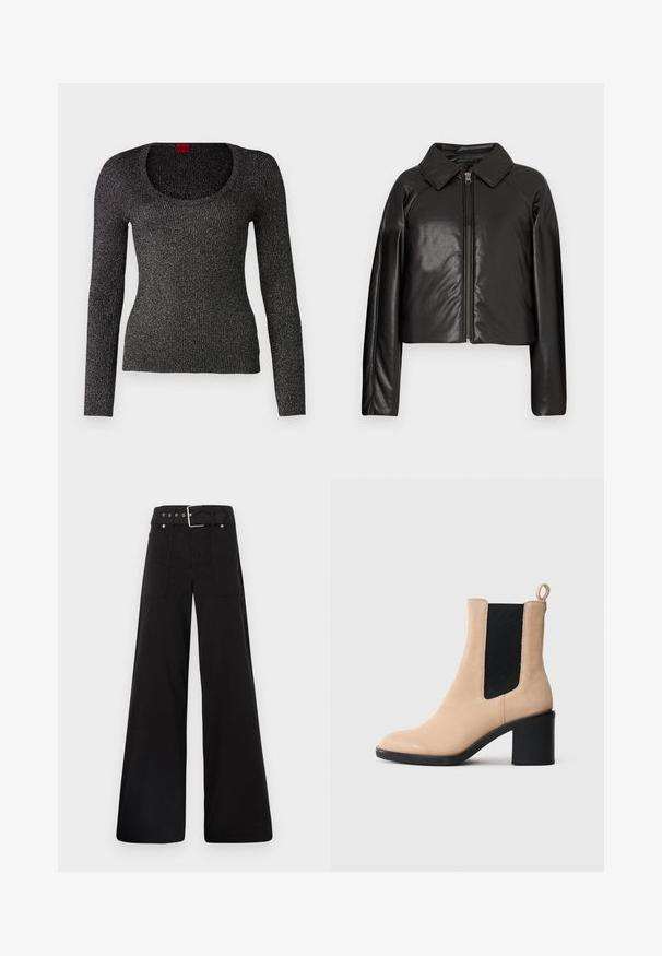 Juodas dirbtinės odos trumpas švarkas su koloratu ir užtrauktuku. Turi ilgomis rankovėmis ir lygią, blizgią tekstūrą.; Juoda ilgarankovė megztinis su apvaliu kaklu. Blizgi tekstūra, pagaminta iš lengvos medžiagos. Etiketė matoma ties kaklu.; Juodos plačios kojų kelnės, pagamintos iš medvilnės, su aukšta liemene, didelėmis šoninėmis kišenėmis ir diržu, papuoštu sidabriniais akcentais.; Bežinės suede aulinės bateliai su blokuotu kulnu, su juodu elastingu įdėklu ir traukimo kilpele gale. Lygus paviršius ir suapvalintas pirštas.