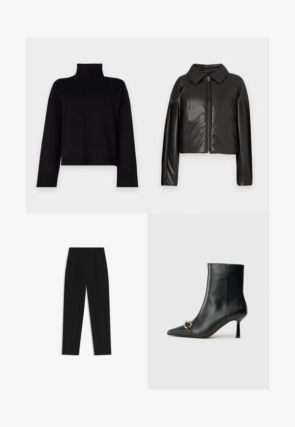 Schwarze Kunstleder-Cropped-Jacke mit Kragen und Reißverschluss. Mit langen Ärmeln und glatter, glänzender Textur.; Schwarzer, kurz geschnittener Rollkragenpullover aus einem weichen Strickstoff. Hat lange Ärmel und gerippte Akzente an den Bündchen und am Saum.; Schwarze Hose mit geradem Schnitt, doppelten Falten, einer glatten Textur und einem klassischen Bunddesign. Keine sichtbaren Beschläge oder Akzente.; Schwarze Leder-Stiefelette mit spitzer Zehe, schlankem, mittelhohem Absatz und silberner Schnalle seitlich vor einem schlichten Hintergrund.