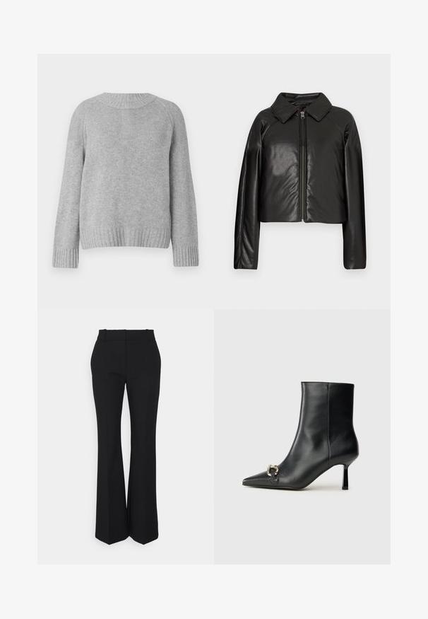 Black faux leather cropped jacket with a collared neckline and zip closure. Features long sleeves and smooth, glossy texture.; Light gray sweater with a rounded neckline, raglan sleeves, and ribbed cuffs and hem. The texture appears soft and knit.; Black pleated trousers with a straight-leg design, made from a smooth fabric. Features a high waist and invisible side pockets.; Black leather ankle boot with pointed toe, slim mid-height heel, and silver buckle detail on side against plain background.