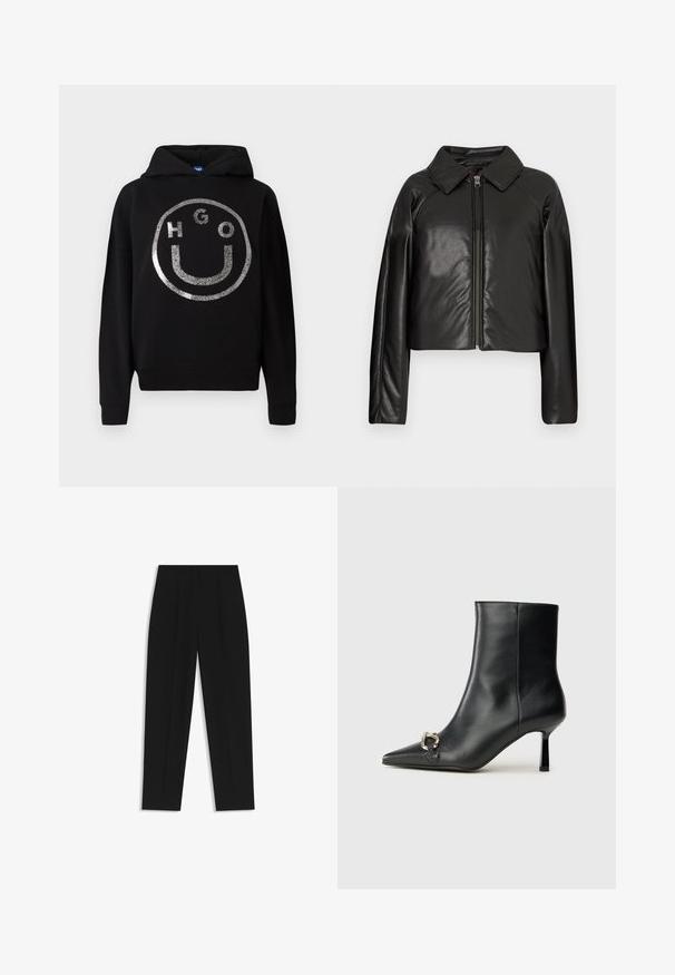 Sort kunstlæder cropped jakke med krave og lynlåslukning. Har lange ærmer og en glat, blank tekstur.; Sorte hættetrøje lavet af blødt materiale med et stort sølvglitrende smilende ansigt design med "HGO" tekst inde i cirklen.; Sorte bukser med lige pasform, der har dobbelte folder, en glat tekstur og et klassisk taljedesign. Ingen synlige hardware eller accenter.; Sort læder ankelstøvle med spidse tæer, slank hæl i mellemhøjde og sølvspænde detaljer på siden mod en ensfarvet baggrund.