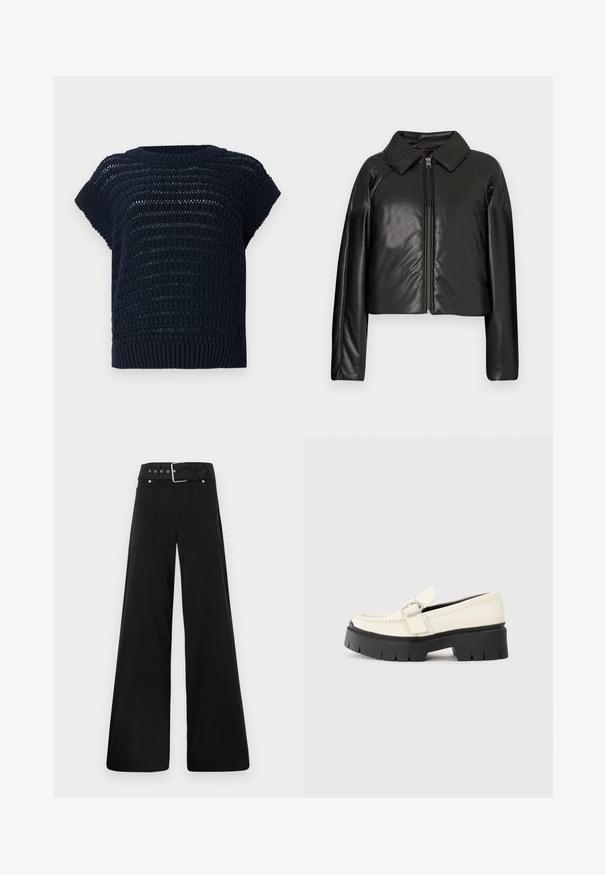 Black faux leather cropped jacket with a collared neckline and zip closure. Features long sleeves and smooth, glossy texture.; Navy knitted short-sleeve sweater with a loose weave, ribbed neckline, and textured patterns throughout. Boxy shape with relaxed fit.; Black wide-leg trousers made from cotton, featuring a high waist, large side pockets, and a belted waist with silver hardware accents.; White leather loafer with a chunky black platform sole, featuring a rectangular silver buckle and visible stitching detail on the upper.