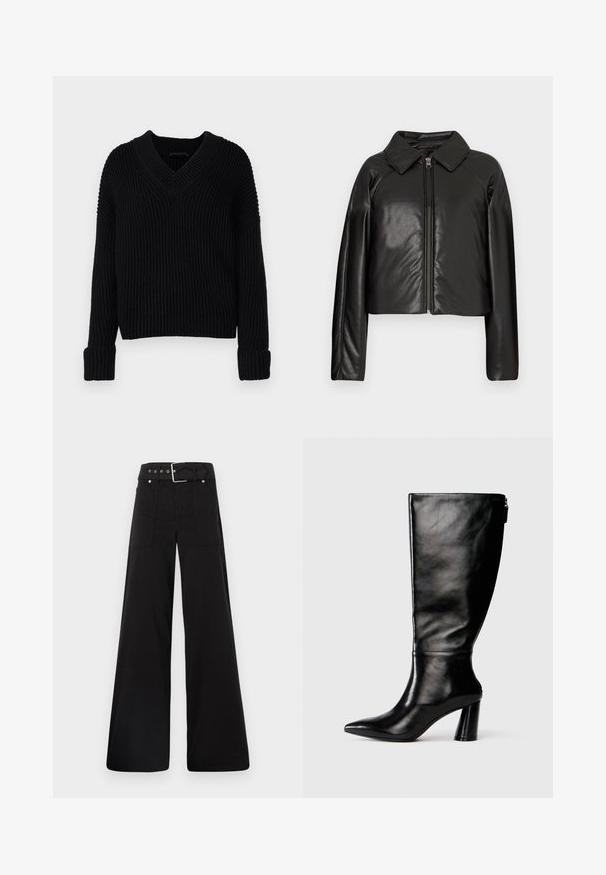 Schwarze Kunstleder-Cropped-Jacke mit Kragen und Reißverschluss. Mit langen Ärmeln und glatter, glänzender Textur.; Der schwarze, gerippte Strickpullover hat einen V-Ausschnitt und lange Ärmel mit umgeschlagenen Bündchen. Er besteht aus einem weichen, strukturierten Stoff.; Schwarze weitgeschnittene Hose aus Baumwolle, mit hoher Taille, großen Seitentaschen und einem taillierten Bund mit silbernen Hardware-Akzenten.; Knöchelhohe schwarze Lederstiefel mit einer spitzen Zehe, glatter Oberfläche und einem klobigen Absatz. Verfügt über einen Reißverschluss hinten.