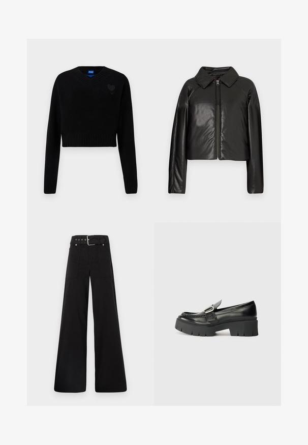 Black faux leather cropped jacket with a collared neckline and zip closure. Features long sleeves and smooth, glossy texture.; Black cropped sweater with a V-neck, ribbed hem, and long sleeves. Features a small textured heart detail on the chest. Made of soft material.; Black wide-leg trousers made from cotton, featuring a high waist, large side pockets, and a belted waist with silver hardware accents.; Black leather loafers with a chunky rubber sole. Features a buckle accent and stitched detailing along the upper. Flat heel.