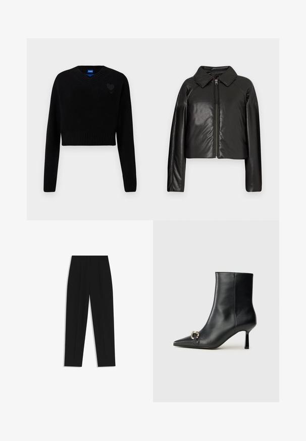 Sort kunstlæder cropped jakke med krave og lynlåslukning. Har lange ærmer og en glat, blank tekstur.; Sort cropped sweater med V-hals, ribbet kant og lange ærmer. Har en lille struktureret hjerte detaljer på brystet. Fremstillet af blødt materiale.; Sorte bukser med lige pasform, der har dobbelte folder, en glat tekstur og et klassisk taljedesign. Ingen synlige hardware eller accenter.; Sort læder ankelstøvle med spidse tæer, slank hæl i mellemhøjde og sølvspænde detaljer på siden mod en ensfarvet baggrund.