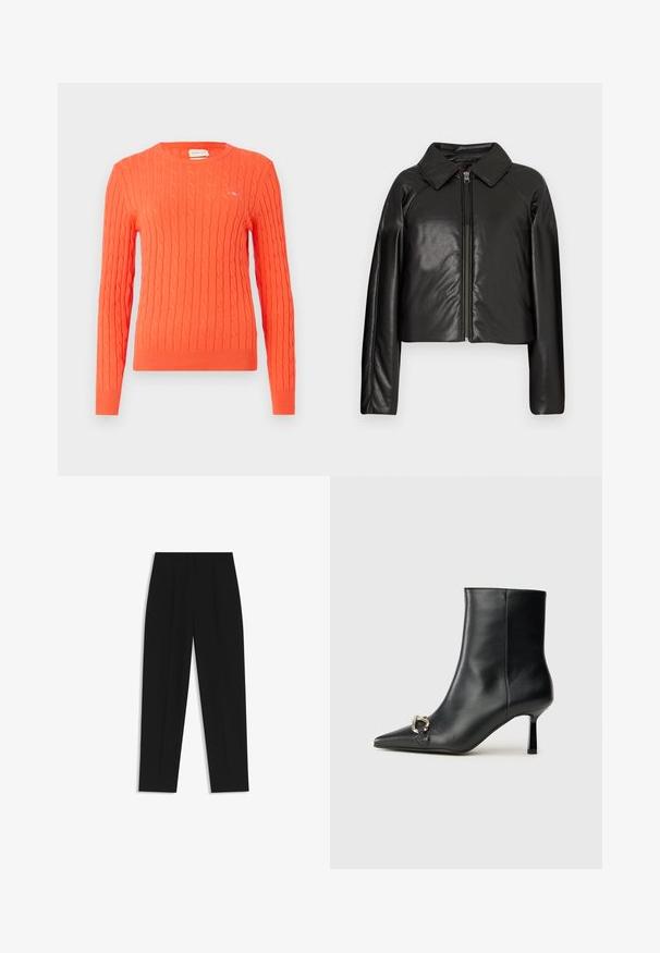 Black faux leather cropped jacket with a collared neckline and zip closure. Features long sleeves and smooth, glossy texture.; Orange knitted sweater with a cable pattern, round neckline, and ribbed cuffs. Features a small logo on the chest.; Black trousers with a straight fit, featuring double pleats, a smooth texture, and a classic waistband design. No visible hardware or accents.; Black leather ankle boot with pointed toe, slim mid-height heel, and silver buckle detail on side against plain background.