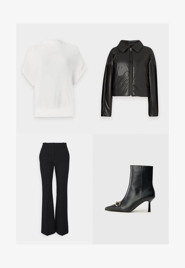 Black faux leather cropped jacket with a collared neckline and zip closure. Features long sleeves and smooth, glossy texture.; White knit sweater, short sleeves, textured ribbed fabric, crew neck, cropped length, with a subtle logo detail at the back.; Black pleated trousers with a straight-leg design, made from a smooth fabric. Features a high waist and invisible side pockets.; Black leather ankle boot with pointed toe, slim mid-height heel, and silver buckle detail on side against plain background.