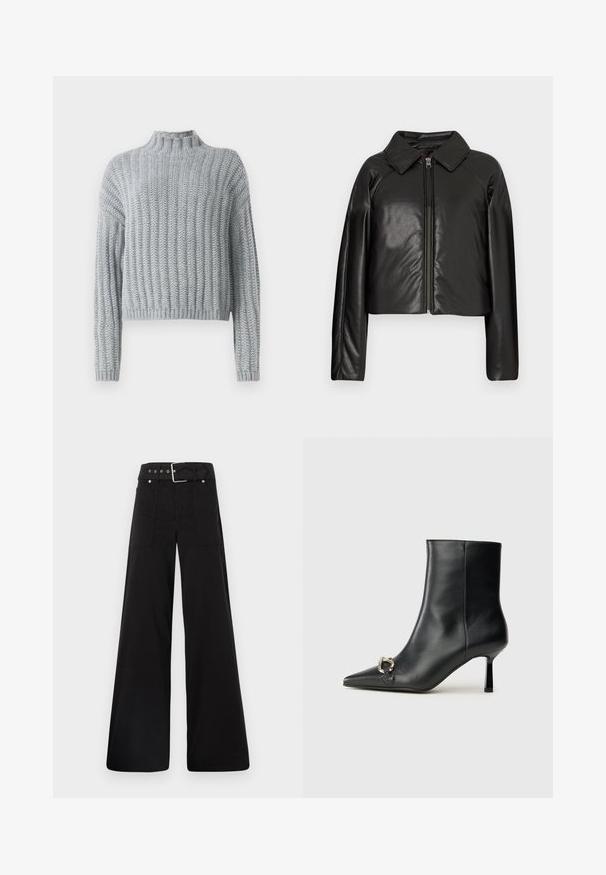 Svart, imitert skinn, cropped jakke med krage og glidelås. Har lange ermer og en jevn, glinsende overflate.; Lys grå chunky strikkegenser med ribbestrikket mønster, høy hals, lange ermer og en lett cropped passform.; Sorte vidde bukser laget av bomull, med høy midje, store sidelommer og belte med sølv detaljer.; Sorte lær ankle boot med spiss tå, slank mid-høyde hæl og sølvspenne på siden mot en enkel bakgrunn.
