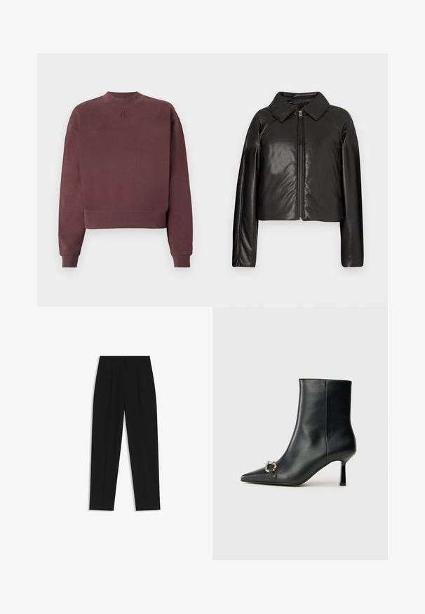 Black faux leather cropped jacket with a collared neckline and zip closure. Features long sleeves and smooth, glossy texture.; Maroon sweatshirt with a high neck and cropped design. Made from soft fabric, featuring ribbed cuffs and an embossed logo on the chest.; Black trousers with a straight fit, featuring double pleats, a smooth texture, and a classic waistband design. No visible hardware or accents.; Black leather ankle boot with pointed toe, slim mid-height heel, and silver buckle detail on side against plain background.