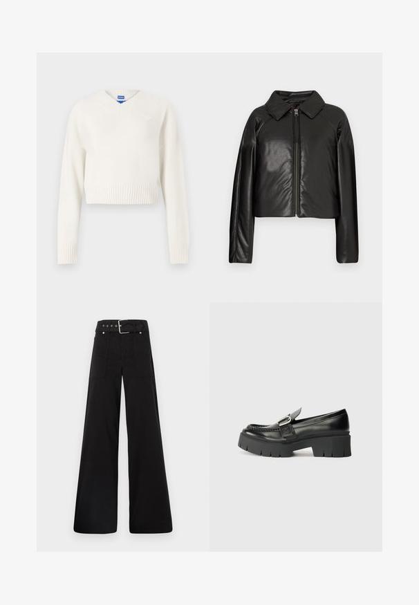 Svart, imitert skinn, cropped jakke med krage og glidelås. Har lange ermer og en jevn, glinsende overflate.; Hvit cropped genser laget av myk strikket materiale. Har V-hals, ribbestrikket kant, og et lite hjerteemblem på venstre bryst.; Sorte vidde bukser laget av bomull, med høy midje, store sidelommer og belte med sølv detaljer.; Sorte skinnloafers med en kraftig gummisåle. Har et spenneaksent og broderte detaljer langs overdelen. Flat hel.