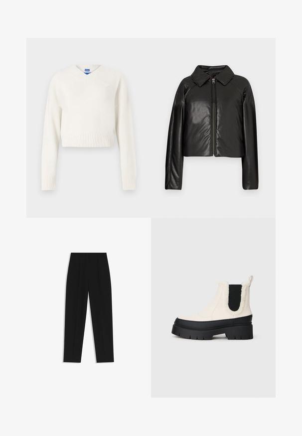 Black faux leather cropped jacket with a collared neckline and zip closure. Features long sleeves and smooth, glossy texture.; White cropped sweater made of soft knit material. Features a V-neck, ribbed hem, and a small heart emblem on the left chest.; Black trousers with a straight fit, featuring double pleats, a smooth texture, and a classic waistband design. No visible hardware or accents.; Chunky platform ankle boots with a white upper, black rubber sole, and contrasting black elastic side panels. Faux fur trim at the top edge.