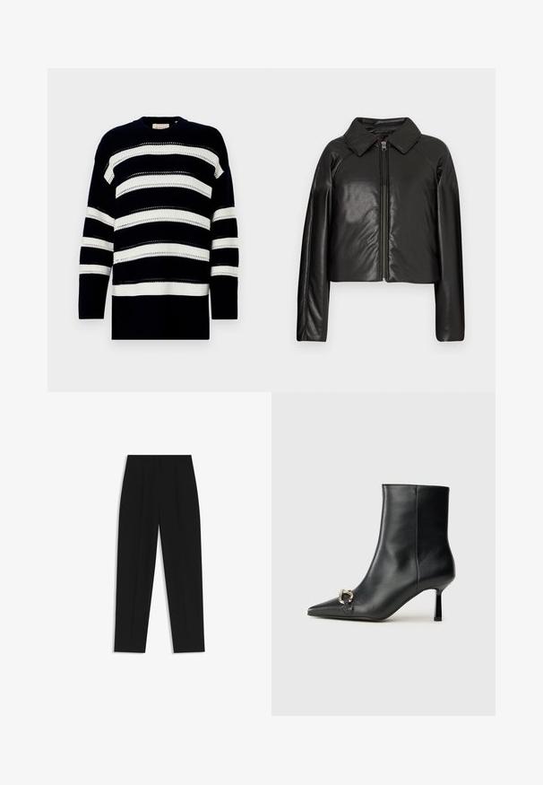 Black faux leather cropped jacket with a collared neckline and zip closure. Features long sleeves and smooth, glossy texture.; Navy and white striped knit sweater featuring a crew neck and textured pattern with open-knit details. Relaxed fit with long sleeves.; Black trousers with a straight fit, featuring double pleats, a smooth texture, and a classic waistband design. No visible hardware or accents.; Black leather ankle boot with pointed toe, slim mid-height heel, and silver buckle detail on side against plain background.