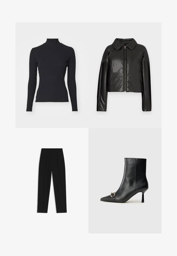 Schwarze Kunstleder-Cropped-Jacke mit Kragen und Reißverschluss. Mit langen Ärmeln und glatter, glänzender Textur.; Schwarzes, geripptes Rollkragenoberteil mit langen Ärmeln. Aus dehnbarem Stoff mit figurbetonter Passform und hohem Kragen. Einfaches Design ohne Verzierungen.; Schwarze Hose mit geradem Schnitt, doppelten Falten, einer glatten Textur und einem klassischen Bunddesign. Keine sichtbaren Beschläge oder Akzente.; Schwarze Leder-Stiefelette mit spitzer Zehe, schlankem, mittelhohem Absatz und silberner Schnalle seitlich vor einem schlichten Hintergrund.