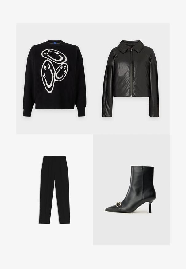 Zwarte faux leren cropped jack met een kraag en ritssluiting. Heeft lange mouwen en een soepele, glanzende textuur.; Zwart gebreid sweater met een witte grafisch ontwerp met cirkelvormige figuren en de letters "HGO." Ribgebreide manchetten en onderrand accentueren de structuur.; Zwarte broeken met een rechte pasvorm, voorzien van dubbele plooien, een zachte textuur en een klassiek taillebandontwerp. Geen zichtbare hardware of accenten.; Zwarte leren enkelboot met spitse neus, slanke middenhoge hak en zilveren gespdetail aan de zijkant op een effen achtergrond.