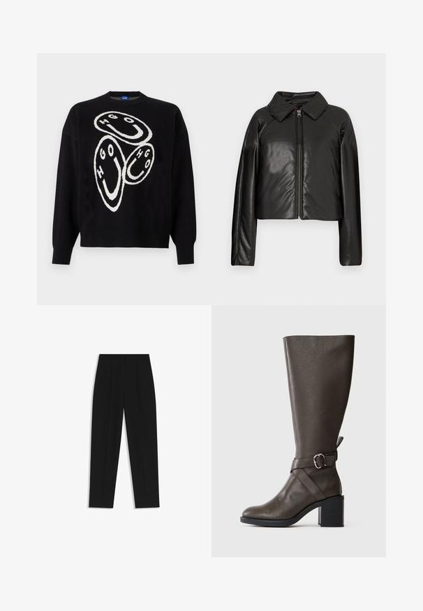 Zwarte faux leren cropped jack met een kraag en ritssluiting. Heeft lange mouwen en een soepele, glanzende textuur.; Zwart gebreid sweater met een witte grafisch ontwerp met cirkelvormige figuren en de letters "HGO." Ribgebreide manchetten en onderrand accentueren de structuur.; Zwarte broeken met een rechte pasvorm, voorzien van dubbele plooien, een zachte textuur en een klassiek taillebandontwerp. Geen zichtbare hardware of accenten.; Donkerbruine leren laars tot de knie met een middelhoge blokhak en een decoratieve riem met zilveren gesp rond de enkel.