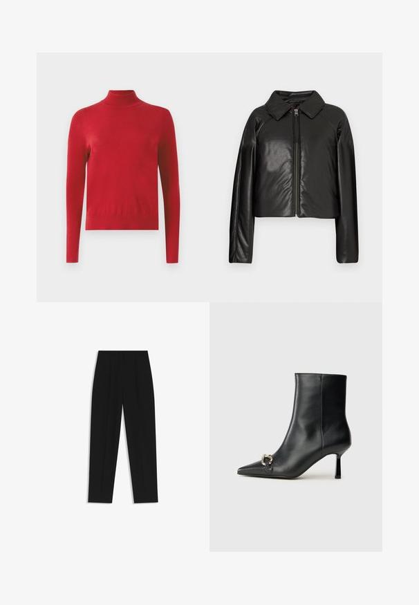 Schwarze Kunstleder-Cropped-Jacke mit Kragen und Reißverschluss. Mit langen Ärmeln und glatter, glänzender Textur.; Roter Langarmrollkragenpullover mit figurbetontem Schnitt und gerippten Bündchen und Kragen vor einem weißen Hintergrund.; Schwarze Hose mit geradem Schnitt, doppelten Falten, einer glatten Textur und einem klassischen Bunddesign. Keine sichtbaren Beschläge oder Akzente.; Schwarze Leder-Stiefelette mit spitzer Zehe, schlankem, mittelhohem Absatz und silberner Schnalle seitlich vor einem schlichten Hintergrund.
