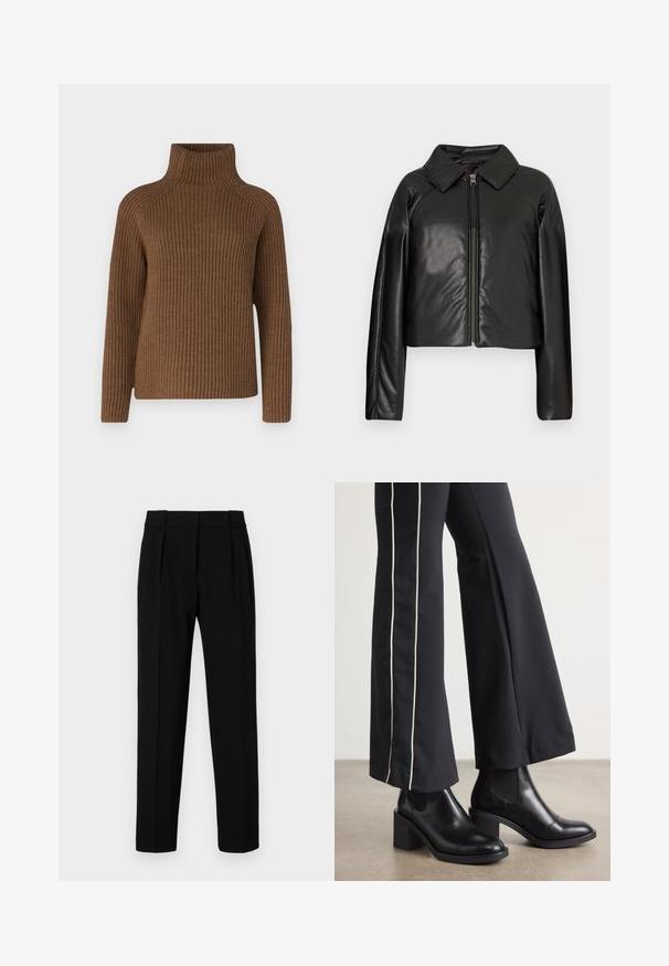 Svart, imitert skinn, cropped jakke med krage og glidelås. Har lange ermer og en jevn, glinsende overflate.; Brun ribbestrikket turtleneck-genser med lange ermer, med høy og tettsittende krage og en avslappet passform, laget av teksturert strikkemateriale.; Svarte skreddersydde bukser med rett passform, plisserte foran, polert stoff og medium midje. Ingen synlige lommer eller detaljer i beslag.; Sorte skinn ankle boots med blokkhæl, med elastiske sidepaneler. Kombinert med sorte bukser som har en hvit sidestripe.