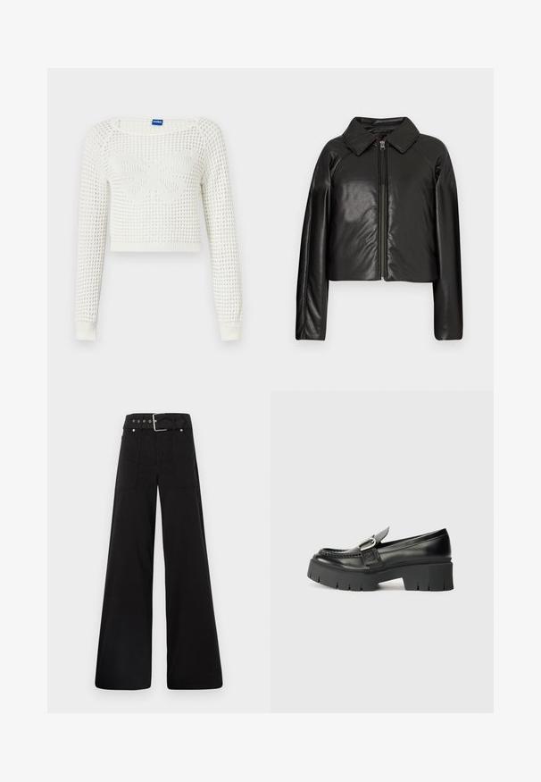 Svart, imitert skinn, cropped jakke med krage og glidelås. Har lange ermer og en jevn, glinsende overflate.; Hvit kortermet strikket genser med et teksturert mønster, featuring et sommerfugl-design i midten og ribbede mansjetter på ermene.; Sorte vidde bukser laget av bomull, med høy midje, store sidelommer og belte med sølv detaljer.; Sorte skinnloafers med en kraftig gummisåle. Har et spenneaksent og broderte detaljer langs overdelen. Flat hel.