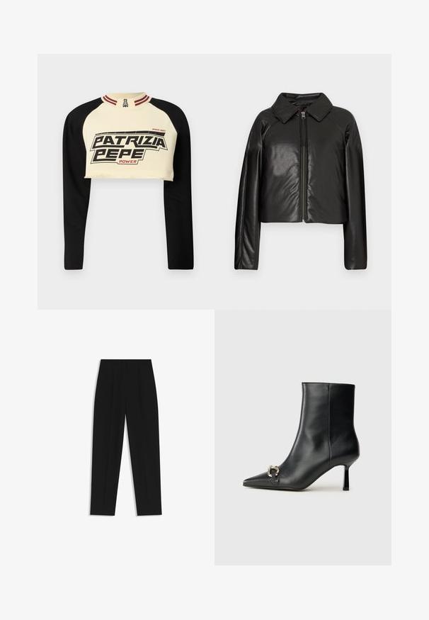 Giacca cropped nera in ecopelle con colletto e chiusura a zip. Caratterizzata da maniche lunghe e una texture liscia e lucida.; Felpa cropped in crema e nero con maniche lunghe. Presenta una grafica audace con la scritta "PATRIZIA PEPE POWER" e un dettaglio a righe sul colletto.; Pantaloni neri a taglio dritto, con doppie pieghe, una texture liscia e un design classico in vita. Nessun hardware o dettaglio visibile.; Stivale alla caviglia in pelle nera con punta affusolata, tacco sottile di media altezza e dettaglio in fibbia argentata sul lato, su sfondo semplice.