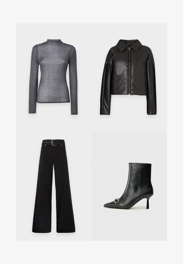 Čierna koženková skrátená bunda s golierom a zipsovým uzáverom. Má dlhé rukávy a hladký, lesklý povrch.; Dlhý rukáv, vyvýšený golier v tmavosivej farbe. Vyrobené z mäkkého, elastického materiálu s ryhovanou textúrou a priliehavým strihom. Žiadne viditeľné kovové časti ani akcenty.; Čierne nohavice so širokými nohavicami vyrobené z bavlny, s vysokým pásom, veľkými bočnými vreckami a opaskom s prackou so striebornými detailmi.; Čierna kožená členková obuv s špicatou špičkou, štíhlým stredne vysokým podpätkom a striebornou sponou na boku na jednoduchom pozadí.