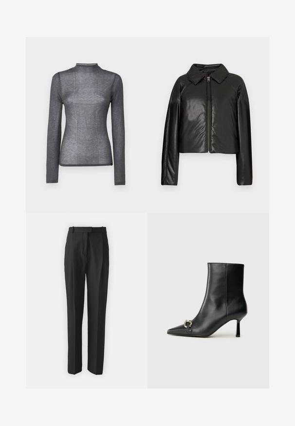 Crna faux kožna skraćena jakna s ovratnikom i zatvaranjem na munju. Ima duge rukave i glatku, sjajnu teksturu.; Duga rukav, uska majica s visokim ovratnikom u tamno sivoj boji. Izrađena od mekog, rastezljivog materijala s rebrastom teksturom i prilagođenim dizajnom. Bez vidljive opreme ili dodataka.; Crne krojene hlače od laganog materijala, s ravnim krojem, ravnim prednjim dijelom i petljama za remen. Glatka tekstura bez vidljivih uzoraka.; Crne kožne gležnjače s nazupčanim prstom, uskim srednje visokim potpeticama i detaljem srebrne kopče sa strane na jedinstvenoj pozadini.