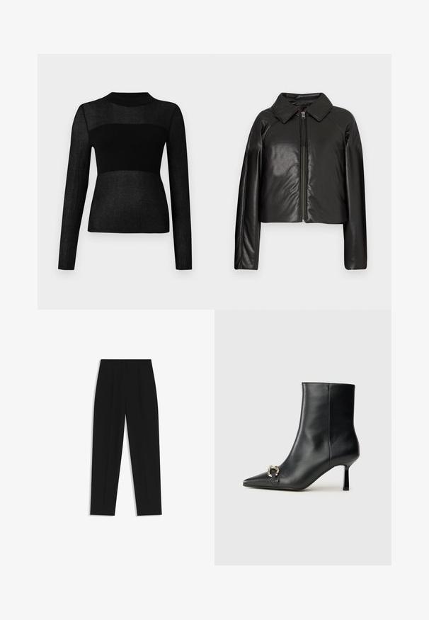 Zwarte faux leren cropped jack met een kraag en ritssluiting. Heeft lange mouwen en een soepele, glanzende textuur.; Zwarte lange mouwen top gemaakt van ribbelbrei stof. Heeft een hoge halslijn en een semi-doorzichtig detail over de borst en mouwen.; Zwarte broeken met een rechte pasvorm, voorzien van dubbele plooien, een zachte textuur en een klassiek taillebandontwerp. Geen zichtbare hardware of accenten.; Zwarte leren enkelboot met spitse neus, slanke middenhoge hak en zilveren gespdetail aan de zijkant op een effen achtergrond.
